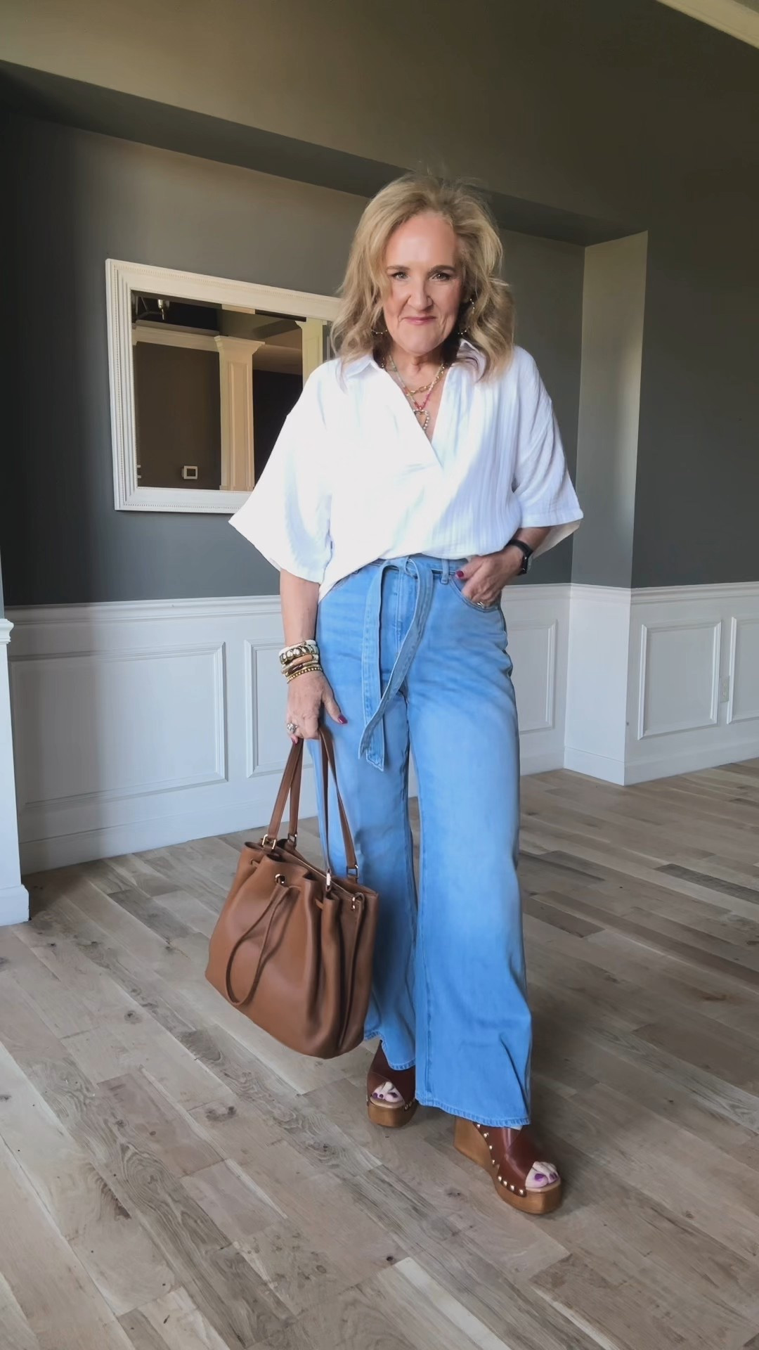 These palazzo jeans look great with almost any top! I’m wearing a 29 petite 
Tops size medium 

Loft on sale! 

#LTKFindsUnder50 #LTKWatchNow #LTKOver40