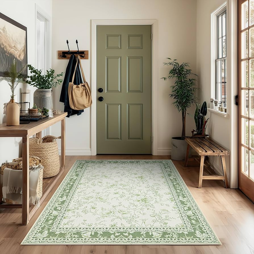 Green and Cream Area Rug 3x5 for Entryway Machine Washable Small Rug for Indoor Kitchen Bedroom L... | Amazon (US)