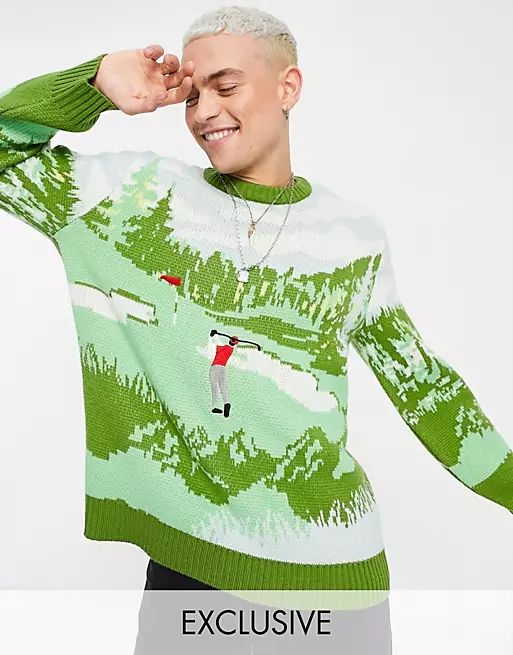 Reclaimed Vintage inspired knitted sweater with golf print | ASOS (Global)