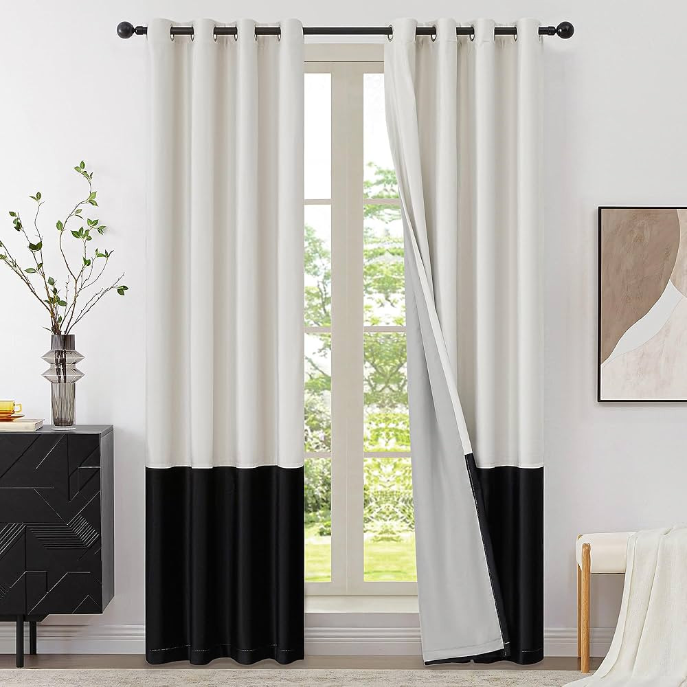 BULBUL Cream 100% Full Blackout Velvet Curtains,84 inches Long Ivory Black Modern Liner Curtains ... | Amazon (US)