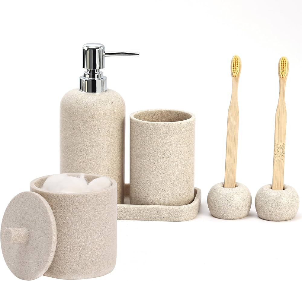 Bathroom Set with 2PCS Toothbrush Holders, 450mL 15OZ Soap Dispenser, Simple Modern Tumbler, Soap... | Amazon (US)