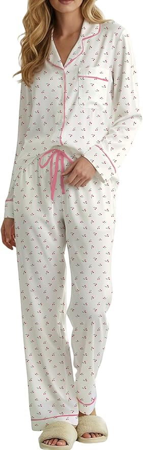 Womens 2 Piece Cute Pajama Sets Bow Button Long Sleeve Pjs Wide Leg Pants with Pocket Casual Loun... | Amazon (US)