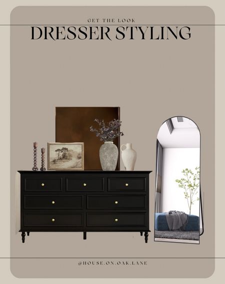 Dresser styling 
Vintage art print floor length mirror black dresser large vase taper candle holders 

#LTKhome #LTKFind #LTKsalealert