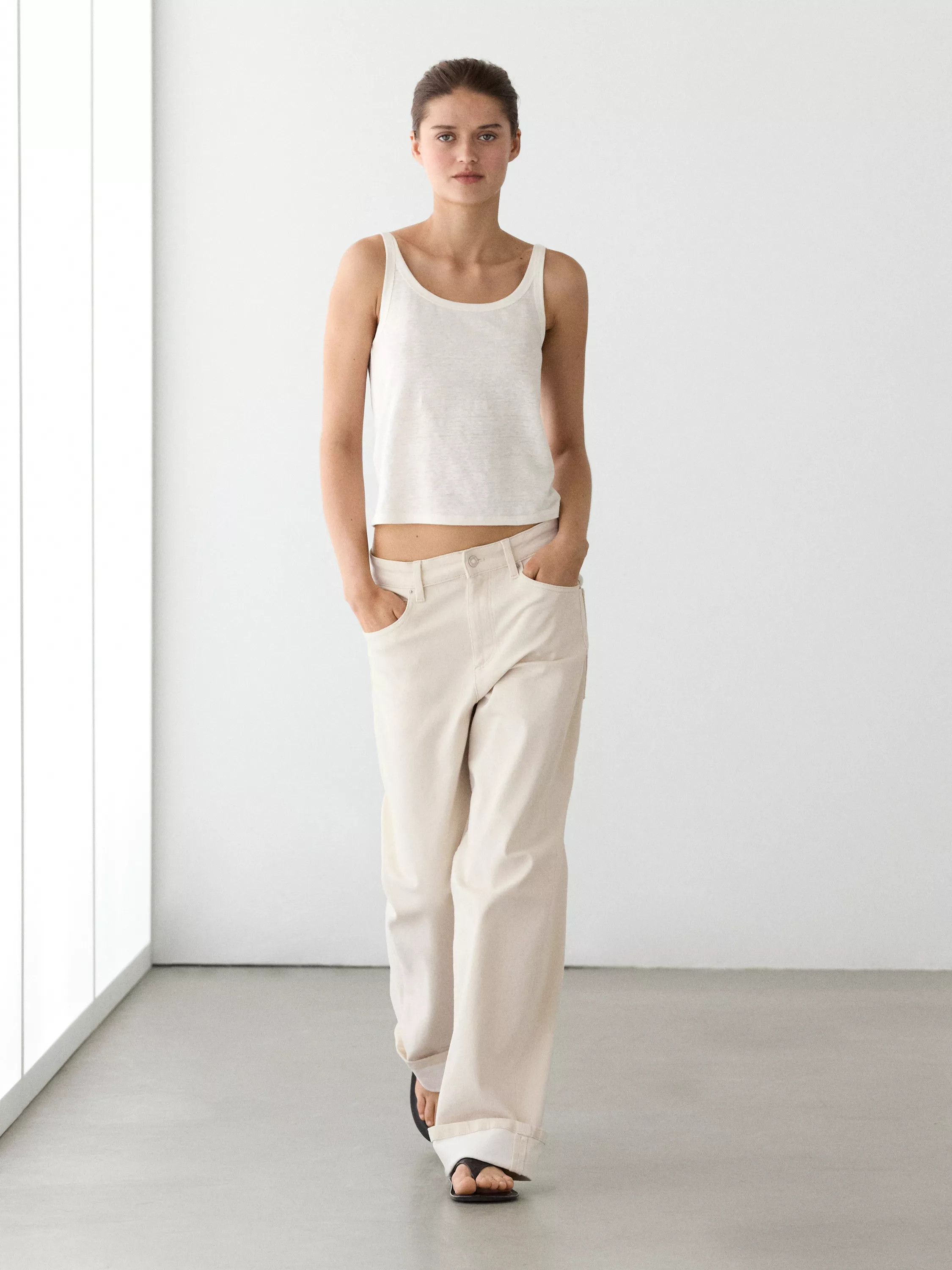 Linen blend strappy top \u00b7 Black, Off White \u00b7 T-shirt | Massimo Dutti | Massimo Dutti UK