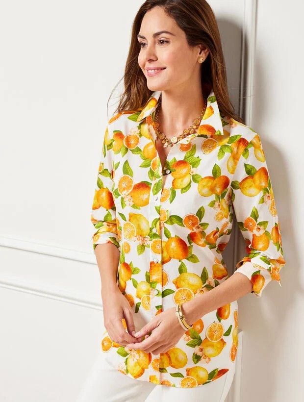 Cotton Button Front Shirt - Lemons and Oranges | Talbots