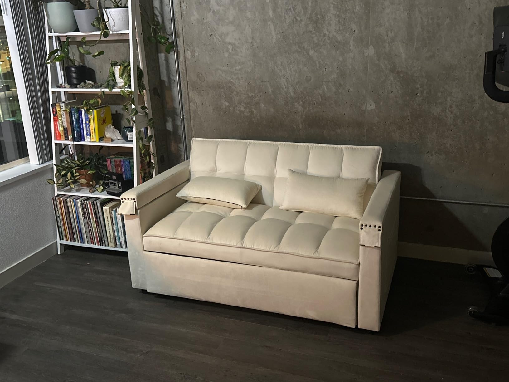 Convertible Sofa Bed,3-in-1 Velvet Sleeper Couch Pull-Out Bed,55'' Loveseat Sleeper Sofa Bed with Adjustable Backrest with 2 Pillows and Storage Bag & USB Port and Hidden Side Computer Table,Beige | Amazon (US)