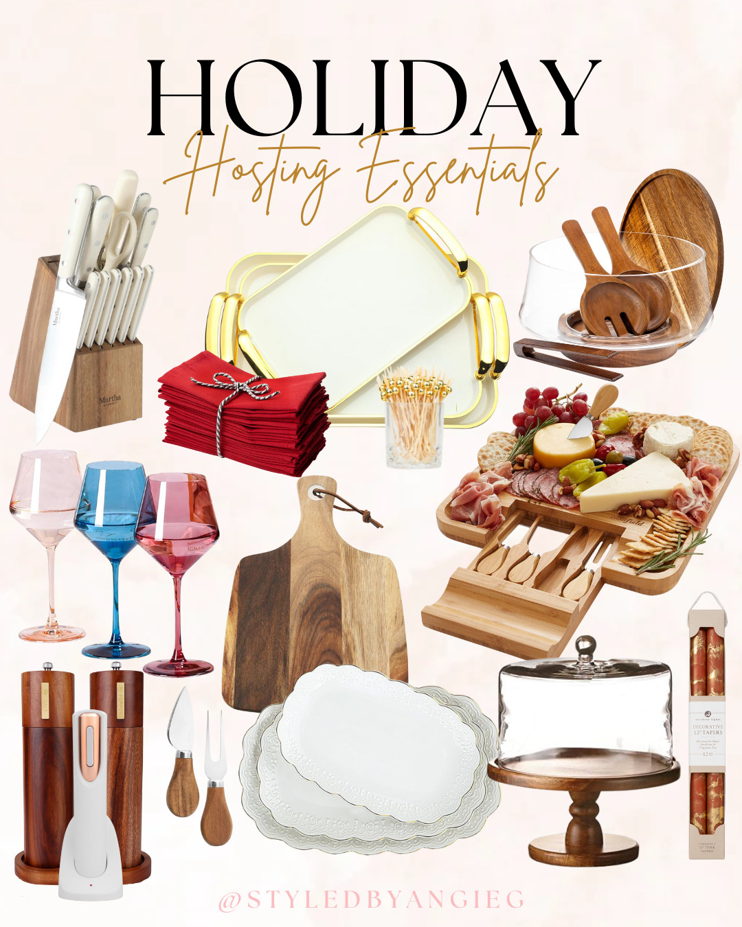 Holiday hosting essentials from Amazon! #founditonamazon #ad #liketkit @shop.ltk Amazon home, entertaining must-haves, charcuterie board set, wood serving pieces, colored wine glasses, cake stand with dome, holiday tablescape, hostess gifts, kitchen essentials, wooden utensils, red cloth napkins, cutting boards, holiday entertaining, table setting ideas 

 #LTKGiftGuide #LTKHoliday #LTKHome