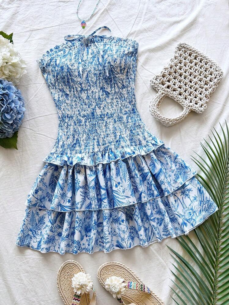 Soleia Women's Fitted A-Line Ruffled Flounce Hem Blue Floral Print Tube Top Dress Chinese New Year Outfit Summer Vacation Cruise Attire Cruise Outfits Women Western Wear Women Beach Cruise Attire,Summer Dresses For Women,Pastel Dresses For Women | SHEIN
