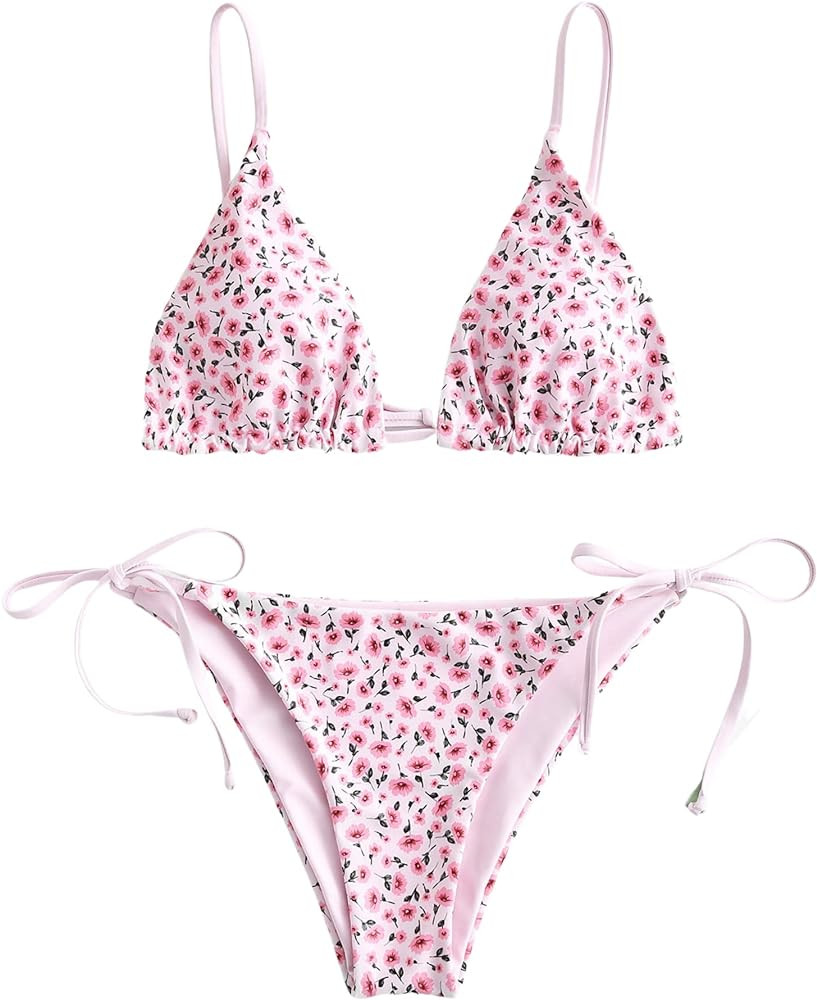 ZAFUL Women's Triangle Bikini Floral String Bikini Set Two Piece Swimsuit Bathing Suits | Amazon (US)