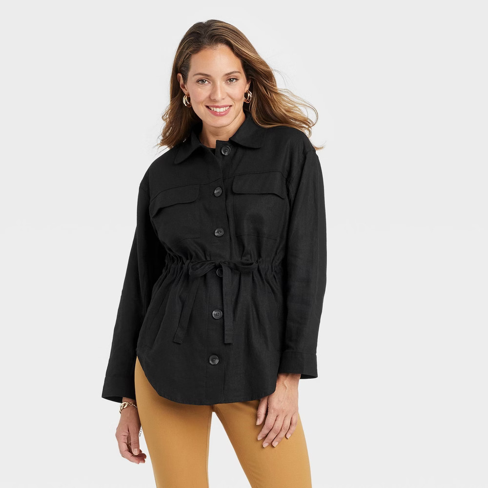 Women's Linen Utility Shirt Jacket - A New Day Black M | Target