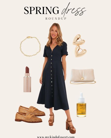 Spring dress roundup // I love this button up navy dress, it's so comfortable and cute! Dress it up with fun gold hoops and straw flats.

#LTKSeasonal #LTKstyletip #LTKbeauty