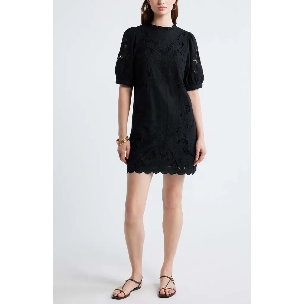 Treasure & Bond Cutwork Embroidery Minidress in Black at Nordstrom, Size Large | Nordstrom