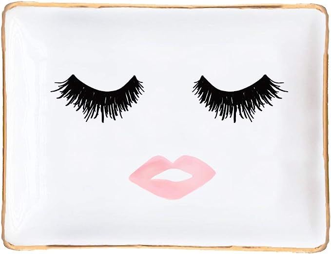 Eyelashes and Lips Face Ceramic Jewelry Dish | Gift for Her Pink and Gold Office Decor Lashes Mak... | Amazon (US)