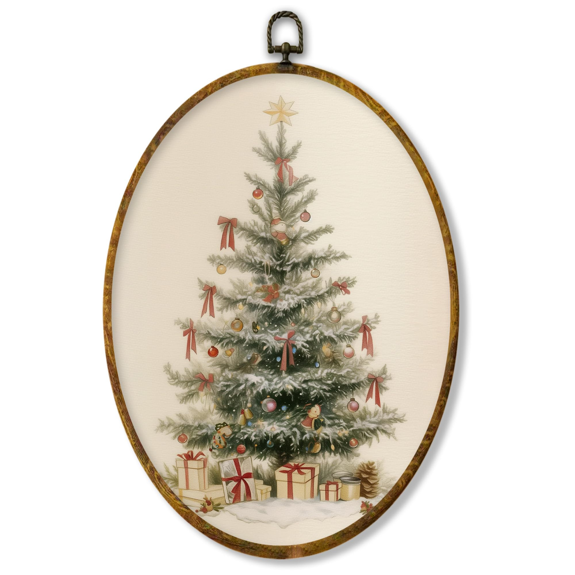 XPH Vintage Christmas Tree Oval Wall Art Framed, Rustic Winter Xmas Tree Oval Wall Decor, Farmhou... | Amazon (US)