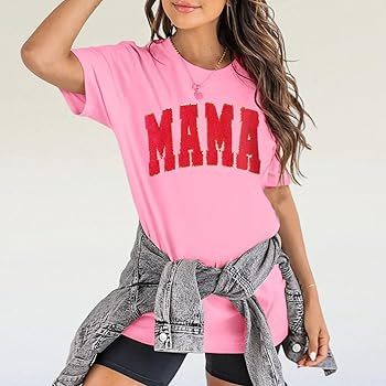 BOUTIKOME Mama Shirts for Women Sequin Glitter Patch Letter T-Shirt Chenille Mom Life Summer Tees... | Amazon (US)