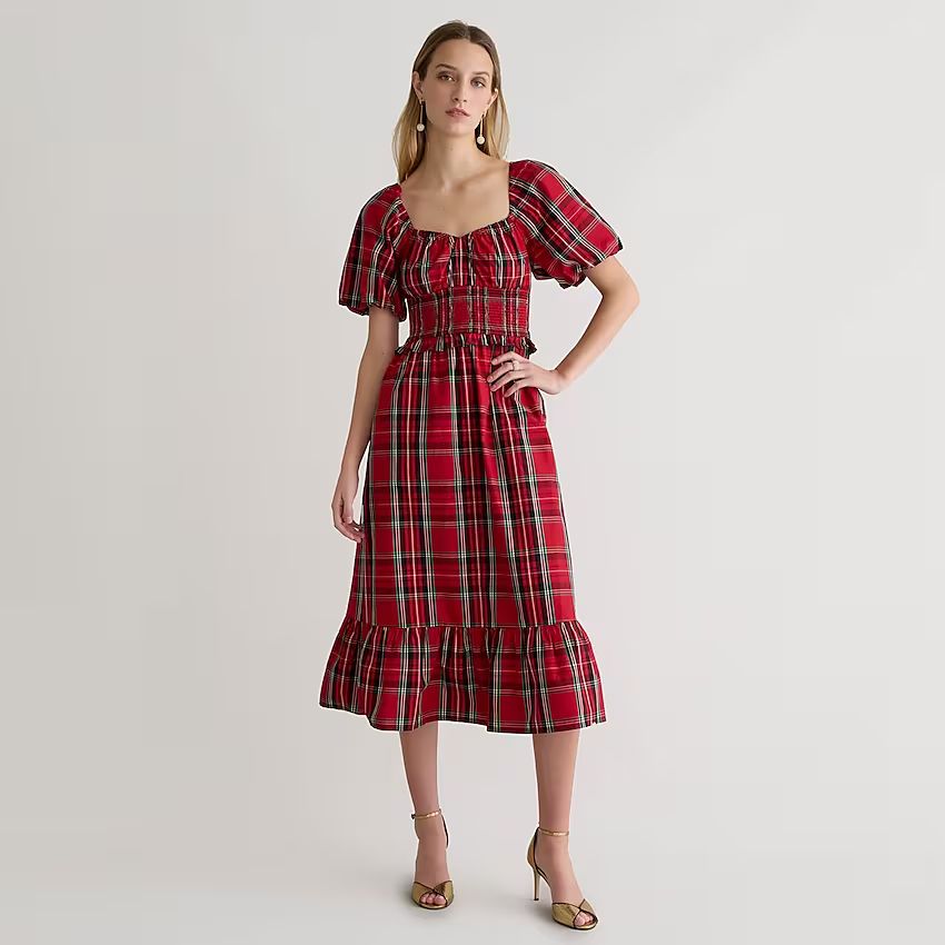 Smocked puff-sleeve cotton poplin midi dress in Good Tidings plaid | J.Crew US