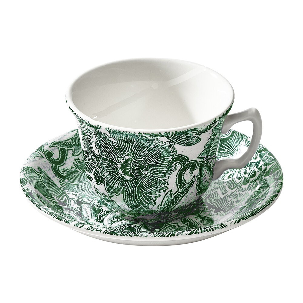 Faded Peony Teacup and Saucer - Green | Amara (UK)