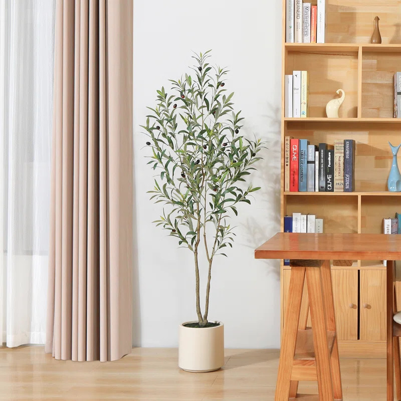 Primrue Adcock Faux Olive Tree in White Planter, Lifelike Fake Olive Plant for Indoor and Outdoor... | AllModern