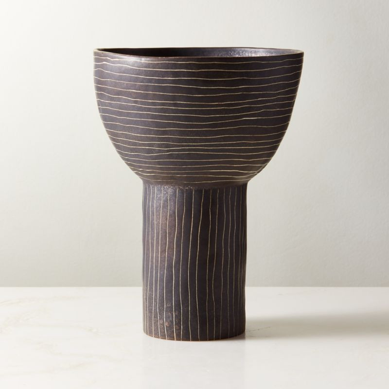 Kettner Grey Ceramic Striped Footed Bowl/Vase | CB2 | CB2
