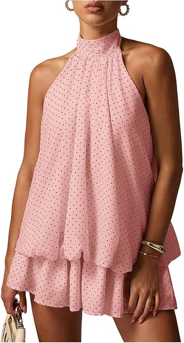 OYOANGLE Women's Summer Dress Halter Sleeveless Ruffle Chiffon Bubble Dress | Amazon (US)