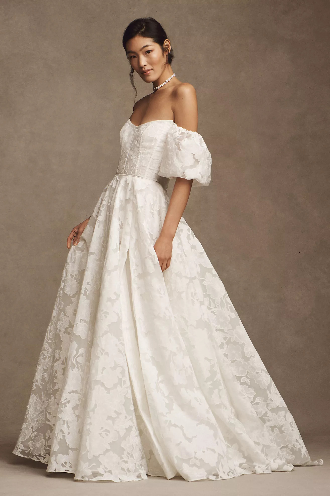 Jenny by Jenny Yoo Holden Off-The-Shoulder Corset Floral Lace Ball-Skirt Wedding Gown | Anthropologie (US)
