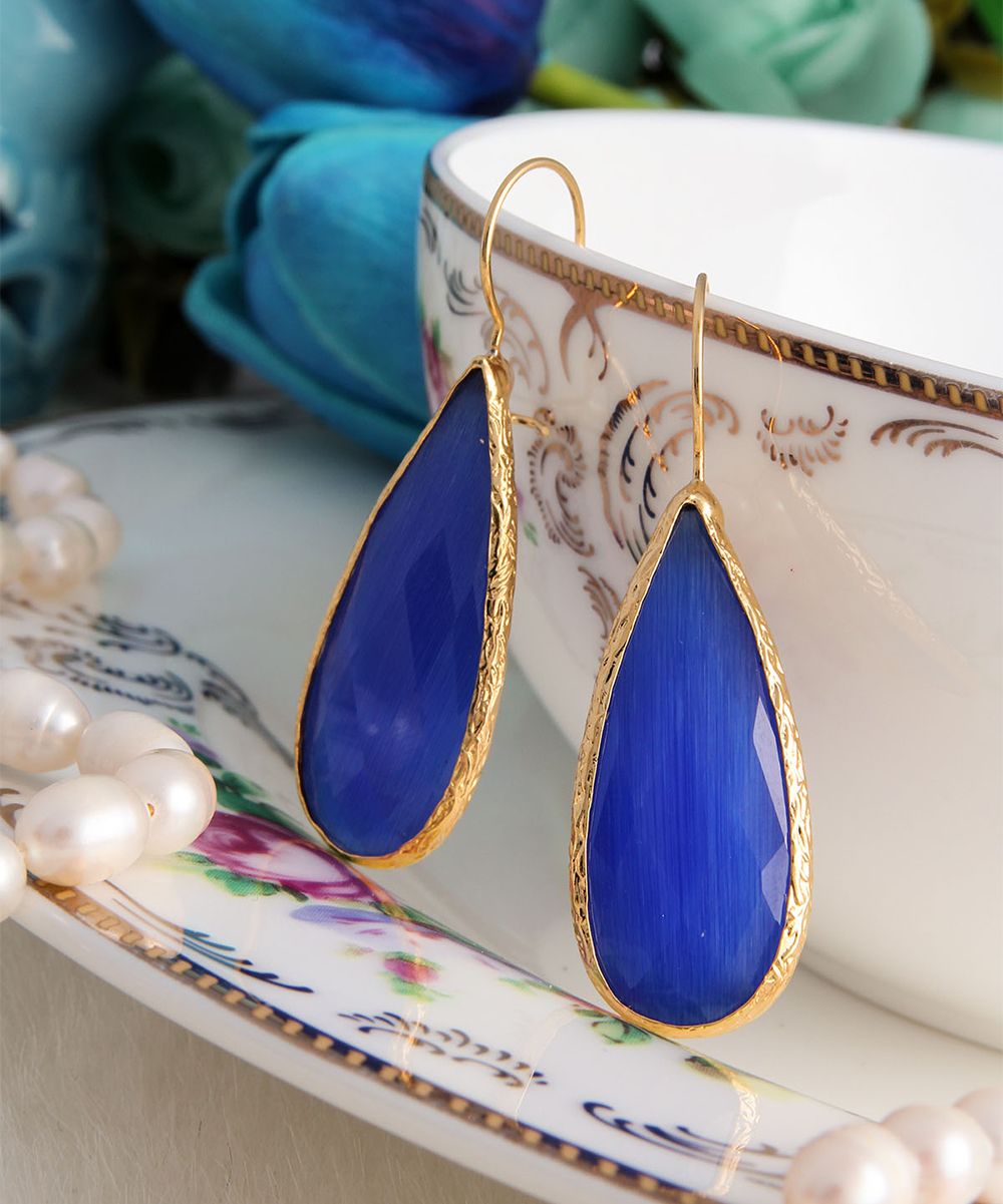 Handmade Art Women's Earrings Blue - Royal Blue Cat's Eye & 14k Gold-Plated Long Teardrop Earrings | Zulily