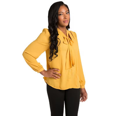 Poetic Justice Curvy Women's Chiffon Button Up Long Sleeve Neck Tie Blouse Mustard X Large | Target