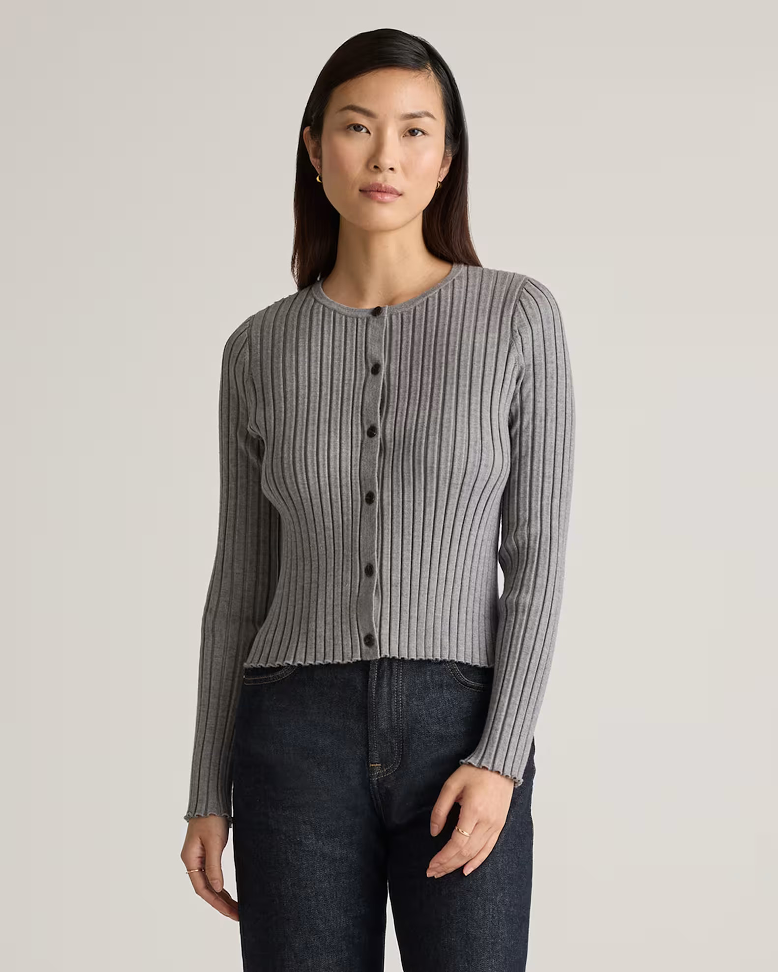 Eco-Knit Cropped Rib Cardigan in Heather Grey | Quince