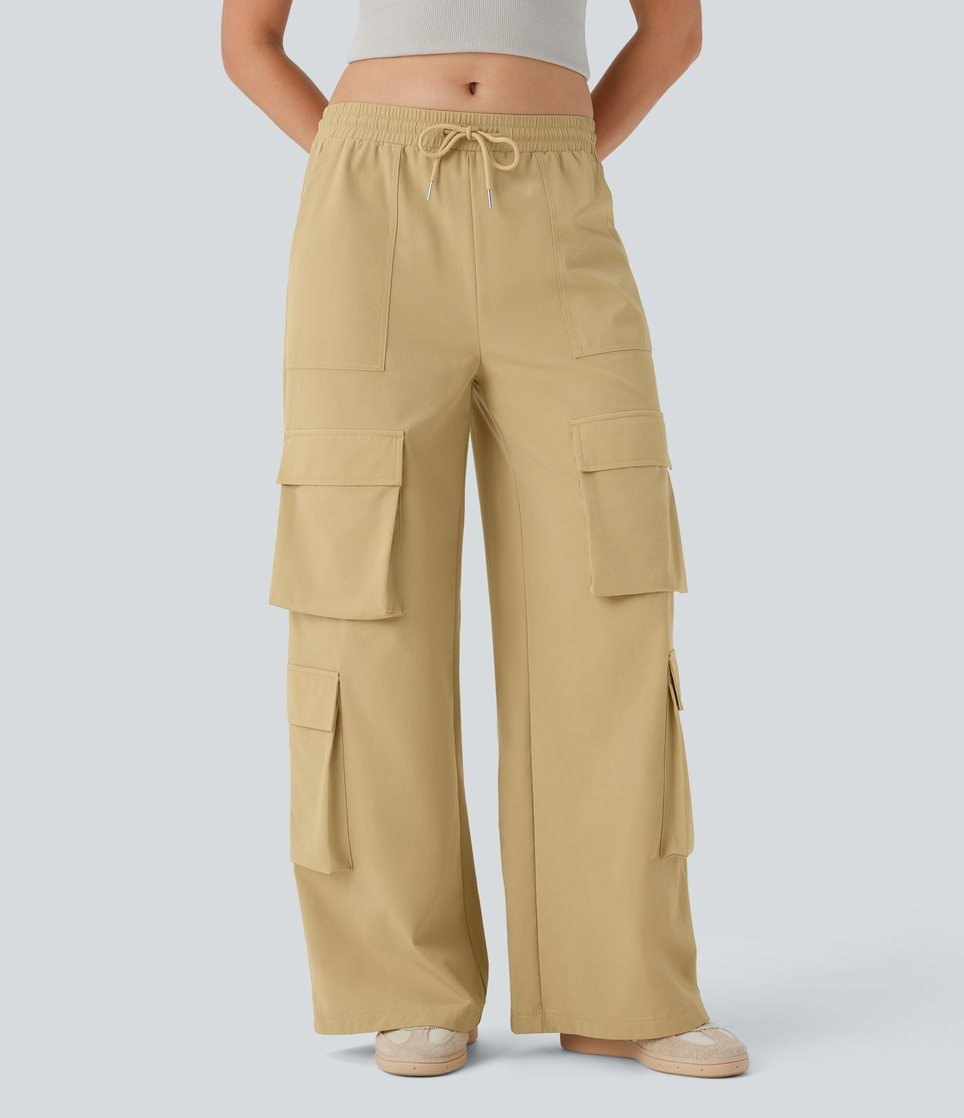 Women’s Mid Rise Drawstring Pockets Wide Leg Cargo Casual Pants - Halara | HALARA