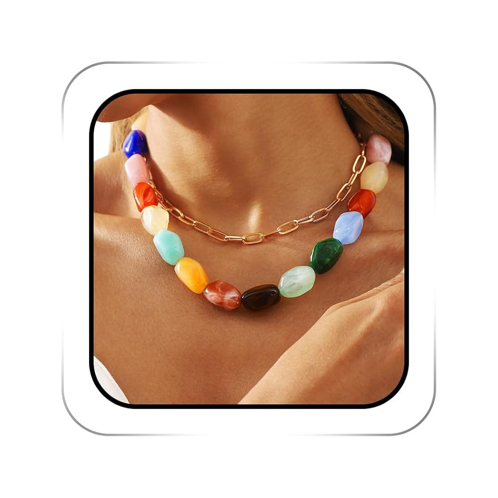 Colorful Statement Gemstone Necklace Chunky Layered Beaded Choker for Women | Amazon (US)