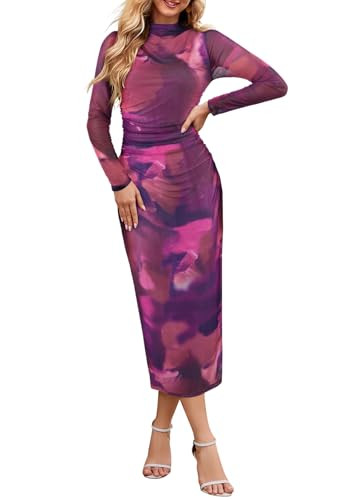 MEROKEETY Women's 2024 Long Sleeve Tie Dye Dress Bodycon Mock Neck Mesh Ruched Cocktail Maxi Dres... | Amazon (US)
