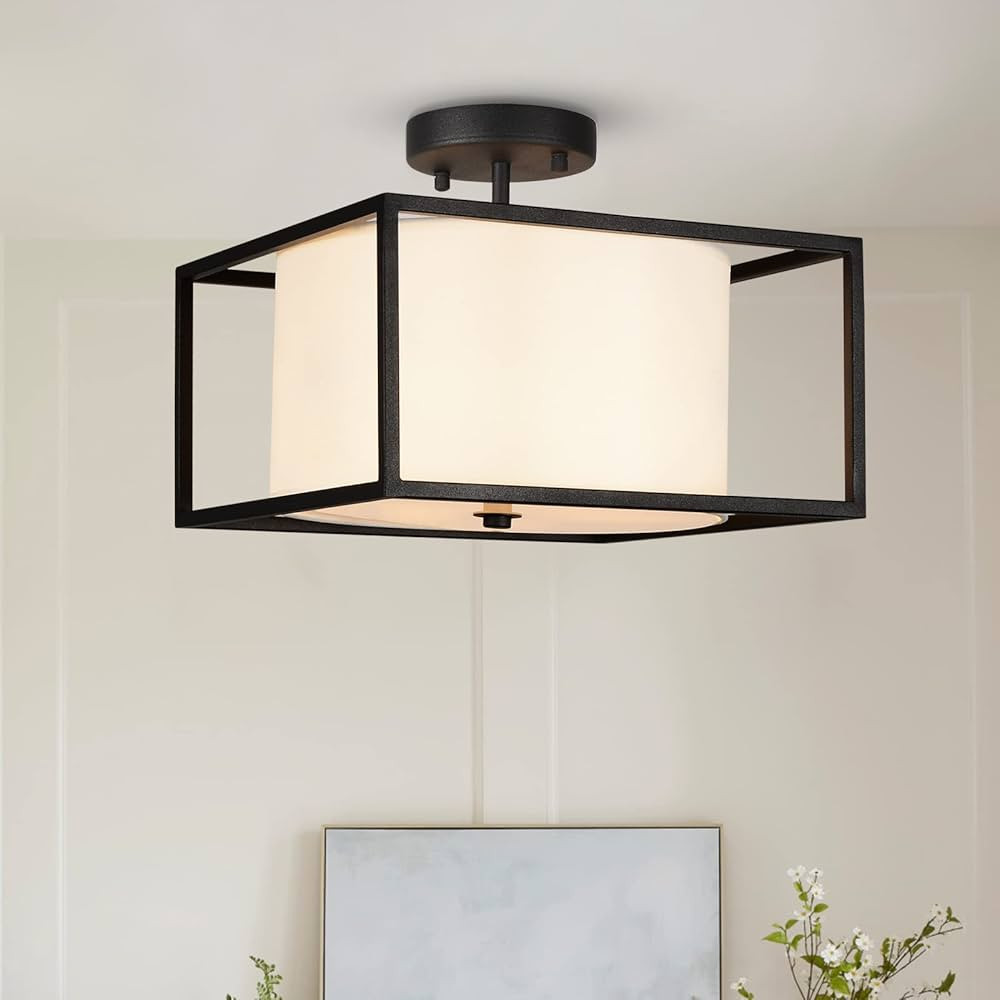 Modern Semi Flush Mount Ceiling Light, Industrial Close to Ceiling Light with Fabric Drum Shade B... | Amazon (US)