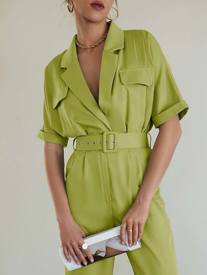 Sollinarry Flap Detail Lapel Neck Dolman Sleeve Belted Shirt Jumpsuit | SHEIN USA | SHEIN