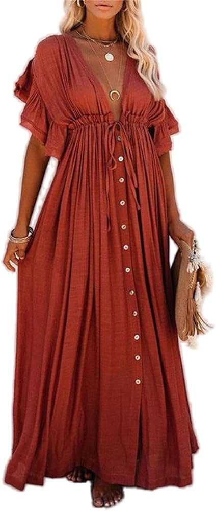 ​​Swim Cover Up for Women Deep V Neck Ruffle Sleeve Button Down Maxi Dresses Elastic Tie Wais... | Amazon (US)