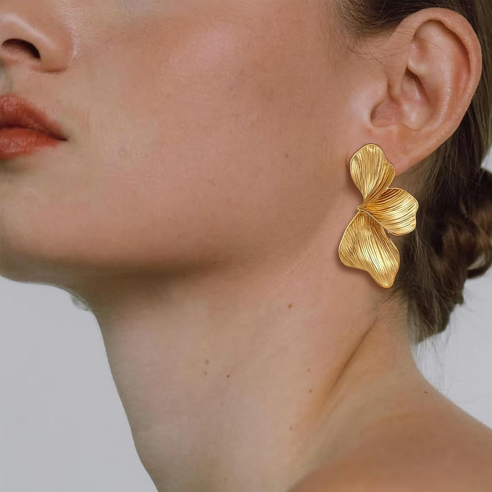 Chunky Gold Statement Earrings For Women Trendy Gold Plated Sectored Flower Leaf Angel Wing Earri... | Amazon (US)