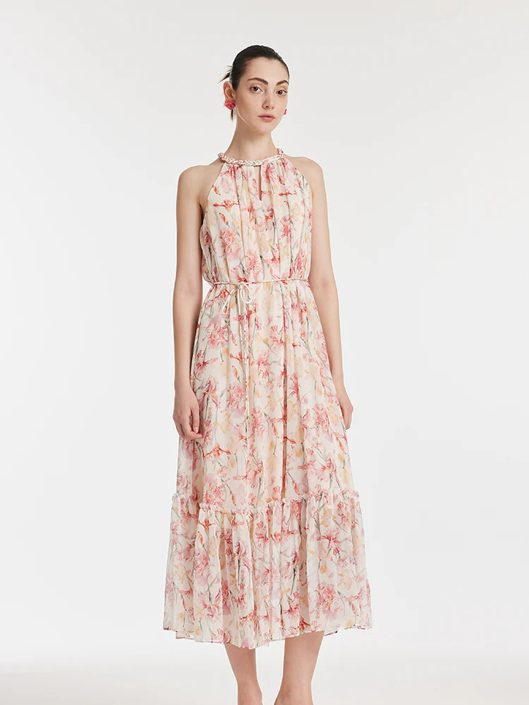 10 Momme Mulberry Silk Iris Print Halter Ruffle Women Maxi Dress | GOELIA