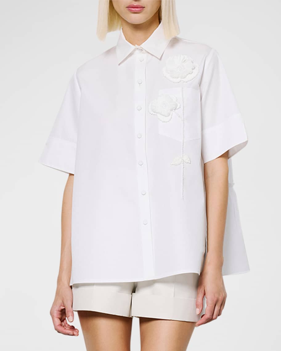 Dice Kayek Floral Embroidered Tiered-Back Collared Shirt | Neiman Marcus