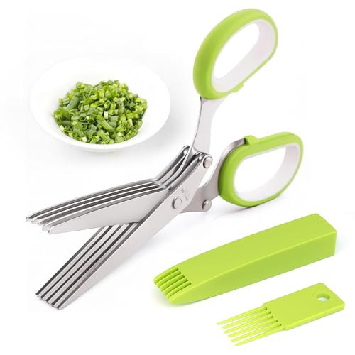 Herb Scissors, Kitchen Shears with 5 Blades and Cover, Multipurpose Cutting, Dishwasher Safe, Used for cutting herbs and paper, Green | Amazon (US)