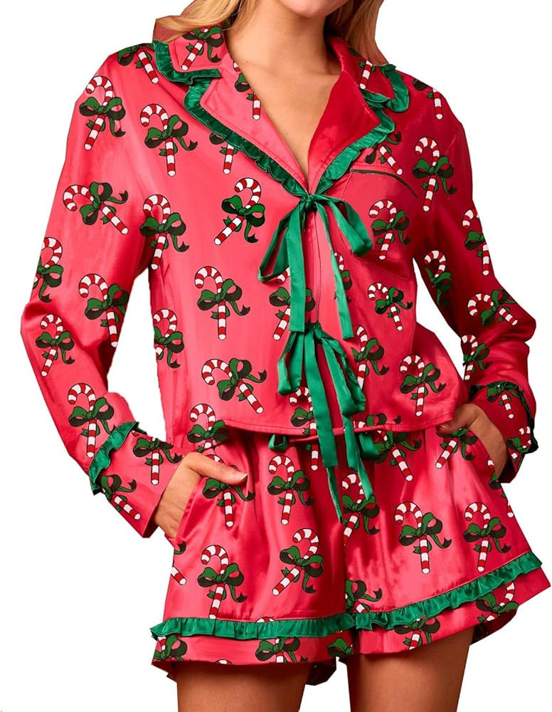 Women Christmas 2 Piece Pajamas Set Y2k Bow Tie Long Sleeve Shirt Wide Leg Pants Cute Print Match... | Amazon (US)