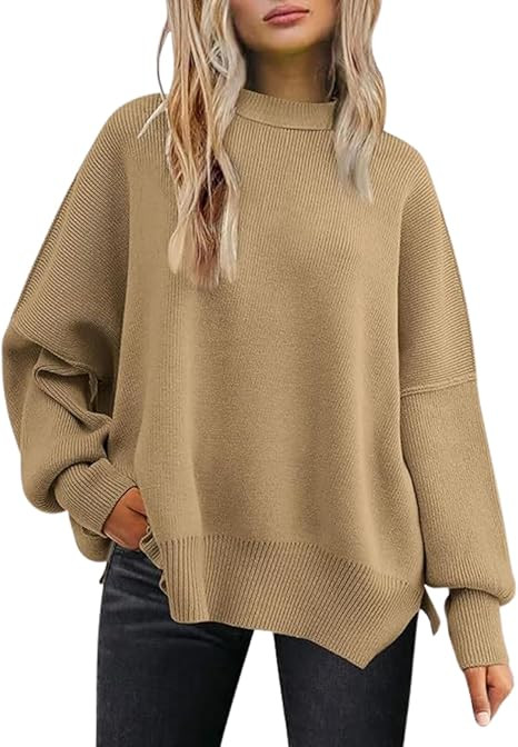 Women's Batwing Sweater Oversized Knit Pullover with Side Slits Fall Casual Crewneck Top for Fash... | Amazon (US)