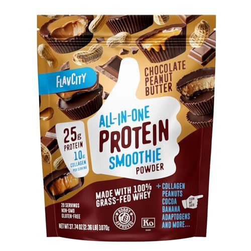 FlavCity Grass Fed Whey Chocolate Protein Powder - Chocolate Peanut Butter - 25g Protein & 10g Collagen - Made with Organic Cocoa & Coconut Milk - Gluten Free & No Added Sugars (20 Servings) | Amazon (US)