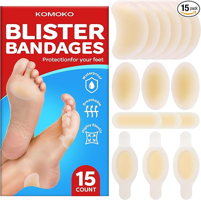 Komoko Blister Bandages for Feet (15 Count), Waterproof Hydrocolloid Blister Bandages, Ultra-Thin... | Amazon (US)