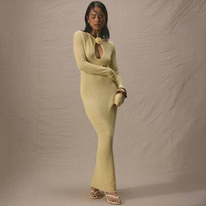 Slash Neck Keyhole Front Crochet Flower Detail Long Sleeve Fitted Maxi Dress | SHEIN