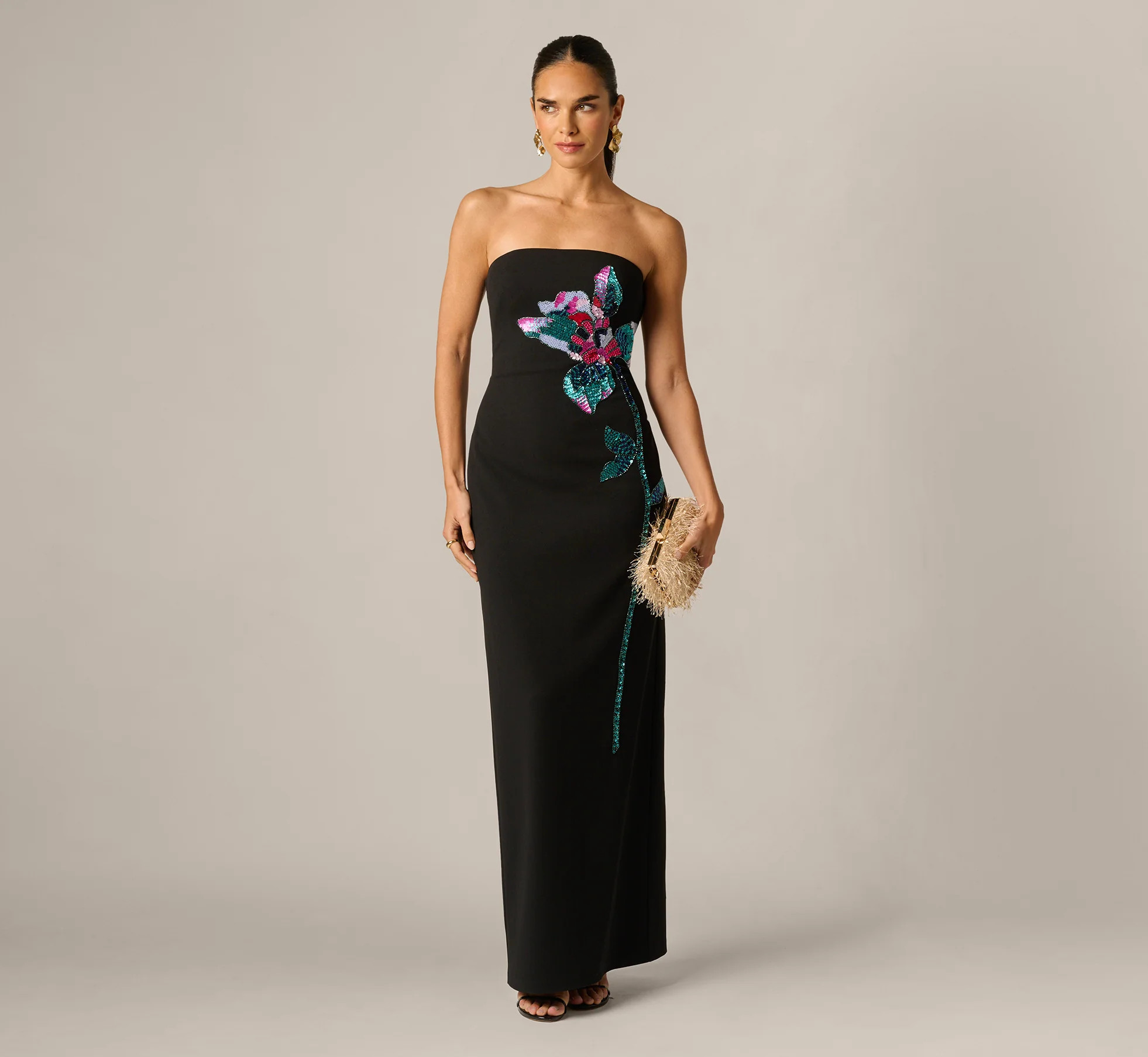 Strapless Beaded Placement Floral Gown In Black Multi | Adrianna Papell