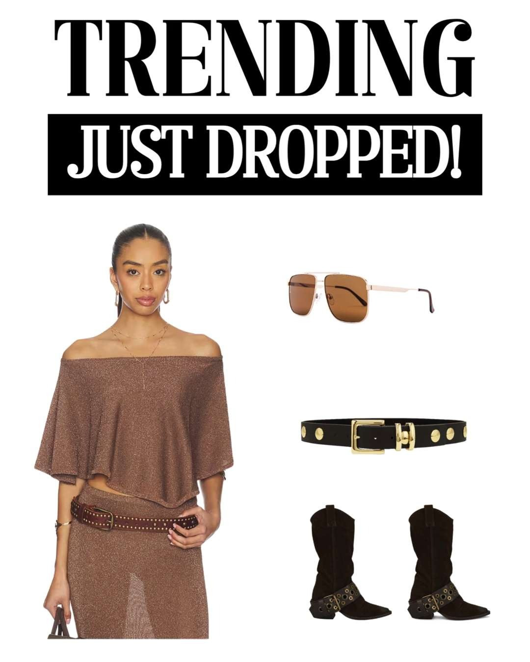 Western chic just leveled up 🤎✨ This trending Revolve look is giving effortless cowgirl glam with the gorgeous off-shoulder shimmer set, statement belt, sleek aviators, and bold buckle boots. Perfect for a country concert, rodeo night, or a stylish night out when you want that modern western vibe! 🤠🔥#LTKStyleTip 

  

#LTKootd #LTKSeasonal #LTKOver40 #LTKSpringSale #LTKootd #LTKSeasonal #LTKOver40