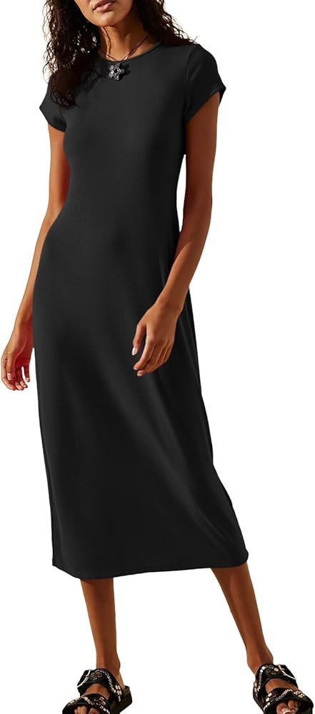 Wenrine Women's Short Sleeve T-Shirt Dress Summer Crew Neck Basic Solid Casual Long Midi Dresses | Amazon (US)