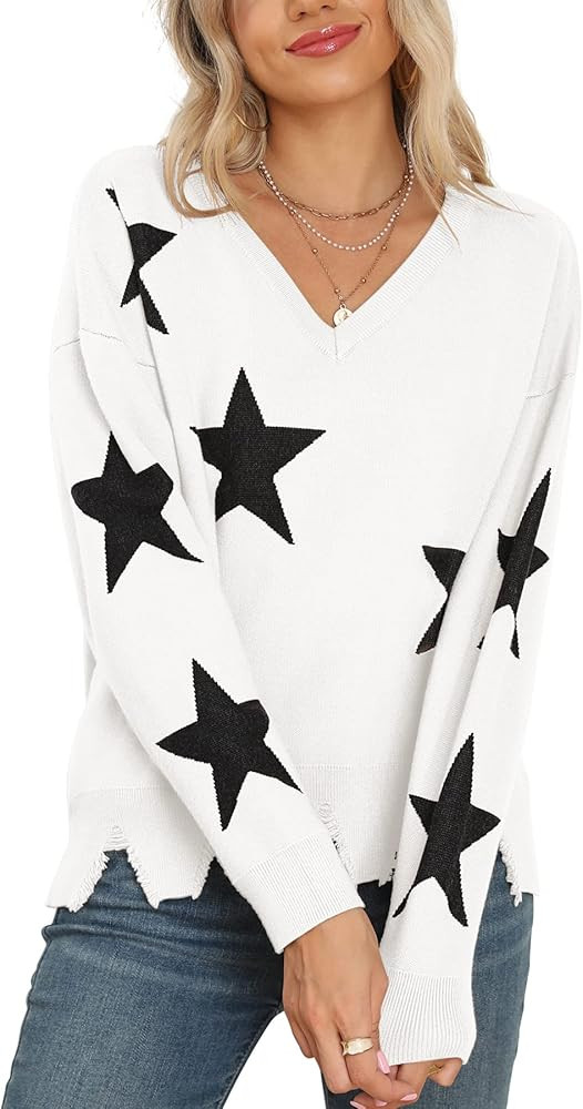VIISHOW Women's V-Neck Pullover Sweaters Long Sleeve Crop Top Star Knit Jumper Loose Knitted Swea... | Amazon (US)