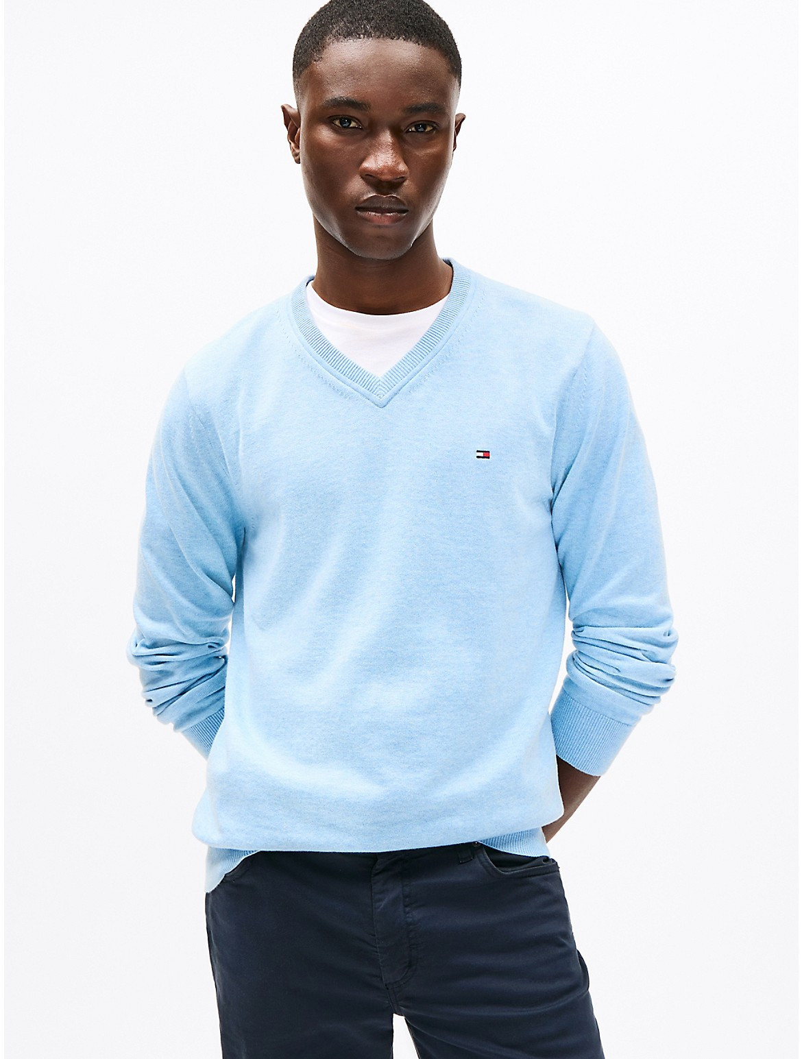 Tommy Hilfiger Men's Solid Logo V-Neck Sweater - Blue - L | Tommy Hilfiger (US)