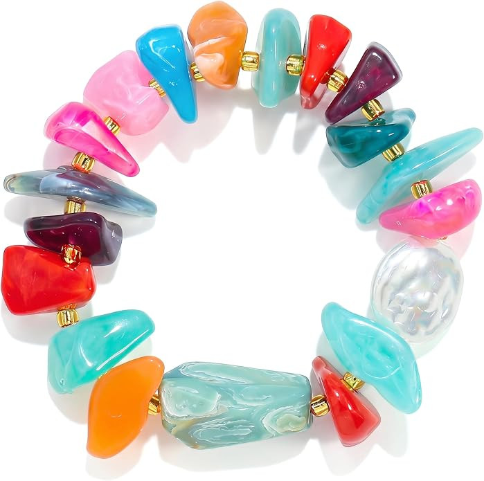 Colorful Chunky Beaded Stretch Bracelet for Women, Acrylic & Irregular Stone Chip Statement Jewel... | Amazon (US)