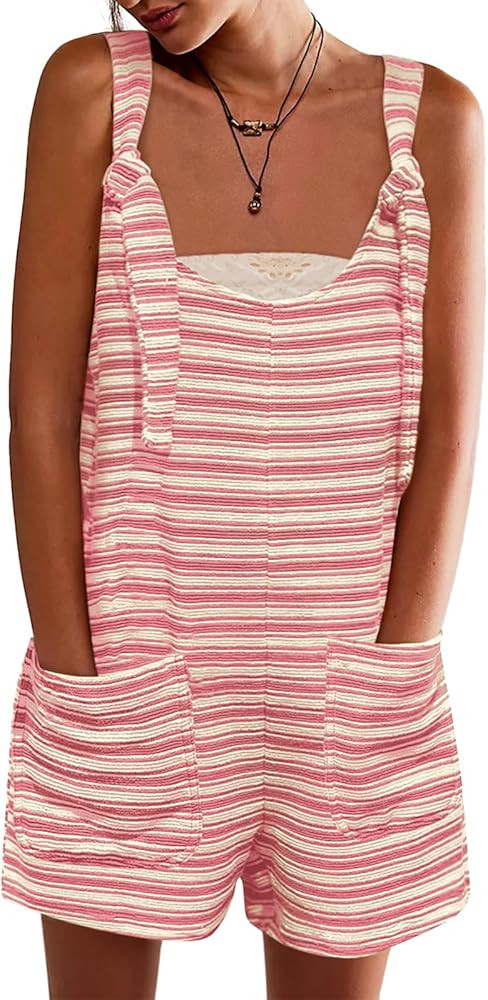 Yousify Womens Summer Casual Sleeveless Romper Loose Striped Tied Shorts Overalls Jumpsuit with P... | Amazon (US)